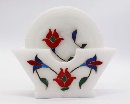 Picture of Handicrafts White Marble Tea/Coffee/Cocktail Coaster Round with Inlay Work Set of 6 pcs for Drinks Hot & Cold, Table Decorative Cocktail Coaster