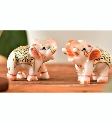 Picture of 2 Pcs Handcrafted Meena Design Marble Elephant 4 inch