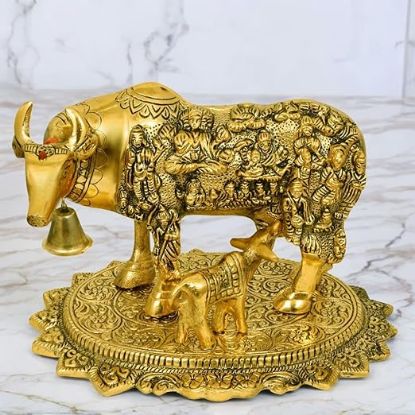Picture of  Metal Large Gold Elegant Kamdhenu Cow and Calf Idol Showpiece Statue, Length 24 cm, Gold Antique Finish
