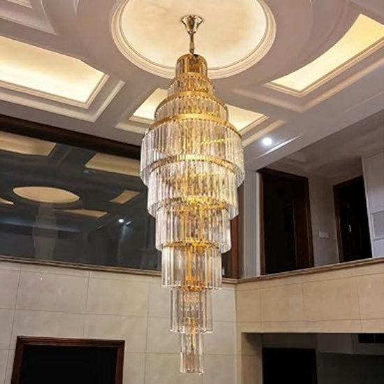 Picture of Long Crystal Chandelier | Staircase Chandelier Light Fixture for High Ceiling Hallway, Living Room, Hotel & Entryways - 2ft(Dia) X7ft (Height) Gold Plate