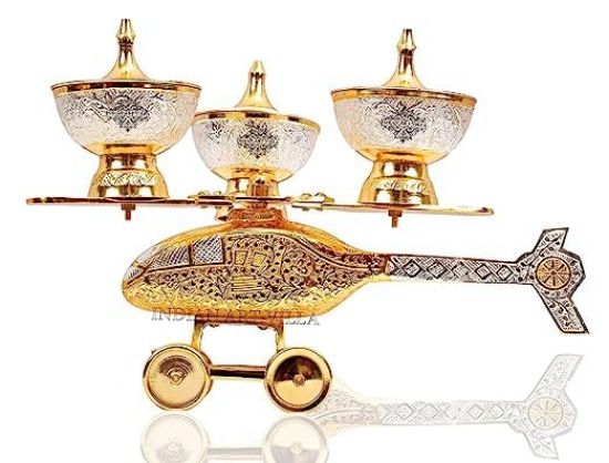 Picture of Creative Arts Silver Plated Gold Polished Set of 3 Designer Dry Fruit Supari Dan Bowl on Helicopter, Serving Tableware Home Décor Gift Item