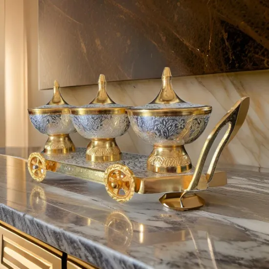 Picture of Silver Gold Plated Antique Mouth Freshener Bowl with Lid and Trolley for Home Décor Or Gift Purpose with Velvet Box- (Set of 4 Pcs- 3 Bowl with lid and 1 Trolley)