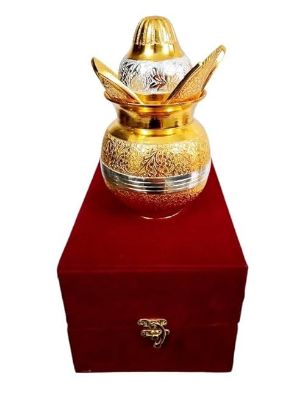 Picture of Gold-Silver Plated Pooja Kalash with Coconut, Leaves and Royal Velvet Box Poojan Home, Temple Wedding Gift