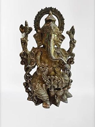 Picture of Indian Hub Brass Metal Mangalkari Ganesha Sitting On Lotus Bhagwan Idol Multicolour Gemstone Handwork for Home Entrance Decor Diwali 