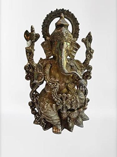 Picture of Indian Hub Brass Metal Mangalkari Ganesha Sitting On Lotus Bhagwan Idol Multicolour Gemstone Handwork for Home Entrance Decor Diwali 